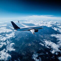 A large passenger jet flying above the clouds in the sky