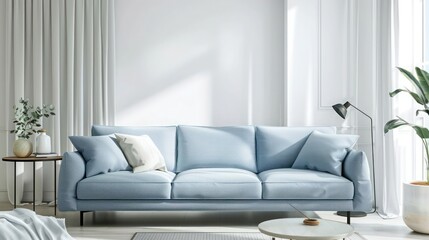 Fototapeta premium Elegant living room with soft blue sofa and crisp white walls, minimalist decor, and natural light