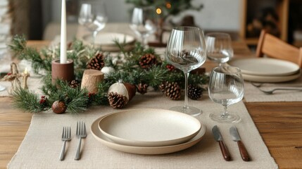 Fototapeta premium Festive table setting with clean plates, cutlery and Christmas decorations