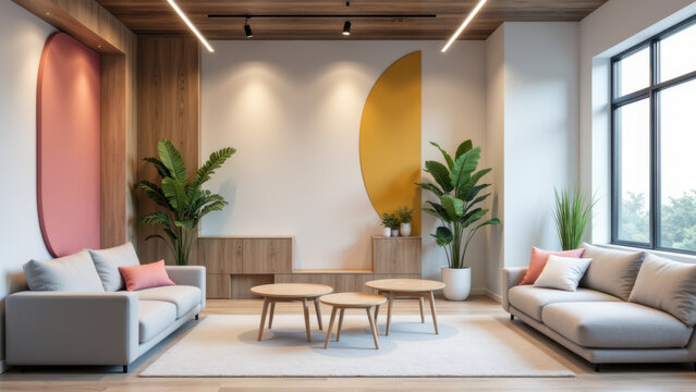 Modern living room with acoustic panels.