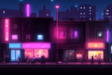 Neon-lit urban night street scene with city buildings and people