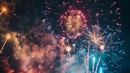 Fototapeta premium Fireworks night sky background illustration