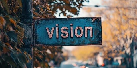 A close-up of a weathered metal sign with the word "vision," set against a natural backdrop of trees and soft-focus lighting, evoking a sense of inspiration.