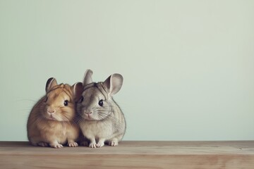Obraz premium Two chinchillas posing on a wooden surface with green background