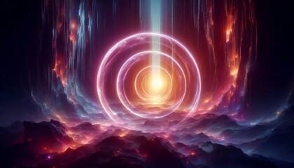 Fototapeta premium radiant fireflies hovering above glowing forest pond surrounded by misty trees, evoking magical and serene atmosphere