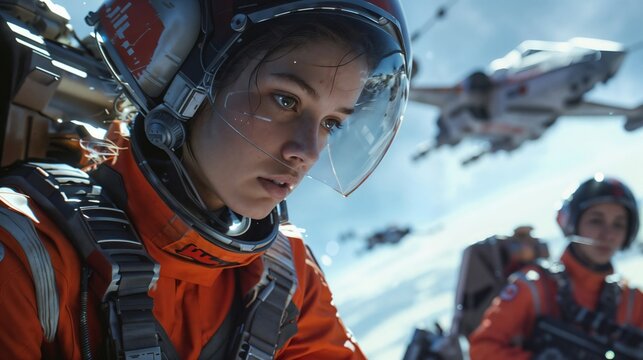 Futuristic female astronaut in orange spacesuit and helmet against sci-fi background with spaceship. Cinematic portrait capturing space exploration with high-end visual effects
