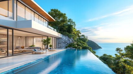 Obraz premium Luxury modern villa overlooking swimming pool serene scenic landscape image