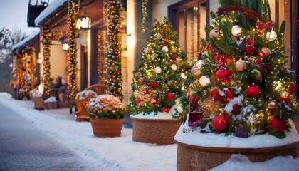Fototapeta premium Home exteriors decorated with Christmas themes and ornaments; winter season decorations outside of the home; a very Christmas decoration on the outside of the house; xmas celebration and decorations