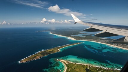 Aerial view of coastline, ocean, and airplane wing.