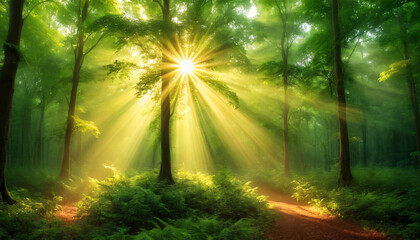 Obraz premium Sunlight Filters Through Trees in a Serene Forest Setting During Early Morning