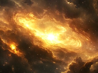 Mesmerizing abstract image featuring swirling golden particles in a spiral formation, evoking cosmic energy and dynamic motion against a dark background