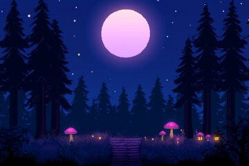Moonlit forest with glowing mushrooms and starry sky at night