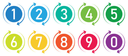 Set of 1 to 9 numbers in different color. Typography set of rounds 1 to 9 Numbers. Bullet point number with arrow icon collection. Numeral typographic flat icons set in color. Vector illustration.