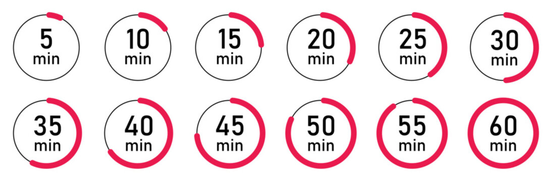 Minutes timer and clock vector icons set in red color isolated. Timer logo. Stopwatch signs. Minutes counting collection. 5, 10, 15, 20, 25, 30, 35, 40, 50, 60 minutes vector illustration.