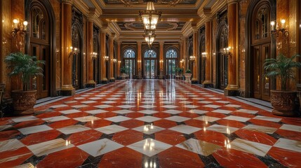 Obraz premium An opulent, grand interior features a stunning, reflective marble floor with a captivating checkerboard pattern, accentuated by elegant chandeliers and luxurious wooden columns.