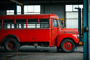 Fototapeta premium Old red bus. Bus at a service center