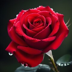 Vibrant red rose with dew drops and velvety petals, flowers 