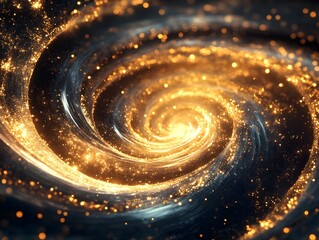 Mesmerizing abstract image featuring swirling golden particles in a spiral formation, evoking cosmic energy and dynamic motion against a dark background