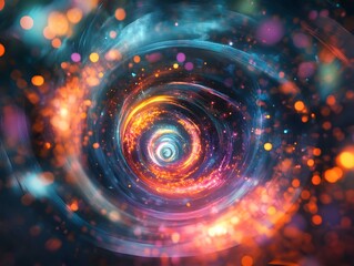 Obraz premium Mesmerizing abstract image featuring swirling golden particles in a spiral formation, evoking cosmic energy and dynamic motion against a dark background