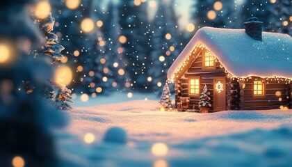 Obraz premium Winter holiday scene with vibrant snow, soft lighting, cozy cabin, peaceful atmosphere