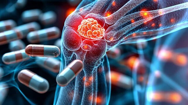 Scientific illustration of joint inflammation with medication capsules present in a medical setting