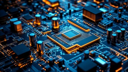 Obraz premium Close-up of a glowing microprocessor on a circuit board.