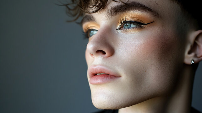 Young transgender man with make up looking fashion and glamorous. 
