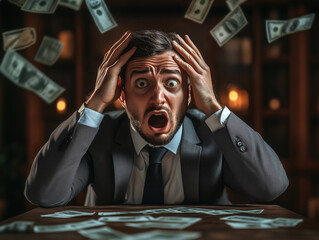 Shocked man sitting at a table with money falling around him