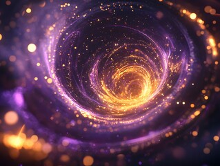 Mesmerizing abstract image featuring swirling golden particles in a spiral formation, evoking cosmic energy and dynamic motion against a dark background