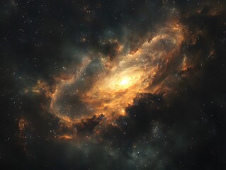 Fototapeta premium Mesmerizing abstract image featuring swirling golden particles in a spiral formation, evoking cosmic energy and dynamic motion against a dark background