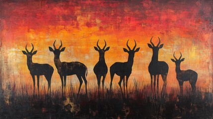Naklejka premium Silhouette of Antelopes Against a Fiery Sunset