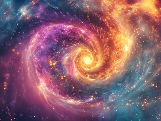 Mesmerizing abstract image featuring swirling golden particles in a spiral formation, evoking cosmic energy and dynamic motion against a dark background