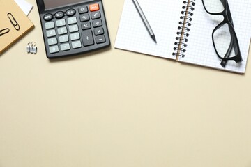 Bookkeepers work place concept. Top above overhead view photo of office accessories calculator,...