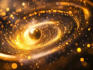 Mesmerizing abstract image featuring swirling golden particles in a spiral formation, evoking cosmic energy and dynamic motion against a dark background