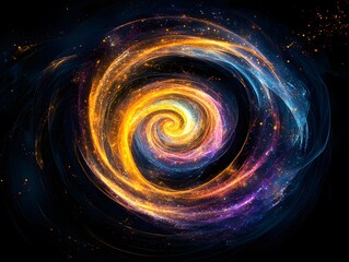 Obraz premium Mesmerizing abstract image featuring swirling golden particles in a spiral formation, evoking cosmic energy and dynamic motion against a dark background