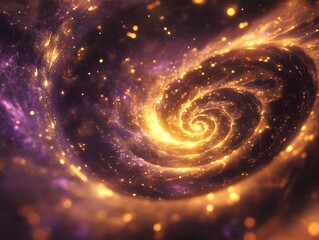 Obraz premium Mesmerizing abstract image featuring swirling golden particles in a spiral formation, evoking cosmic energy and dynamic motion against a dark background