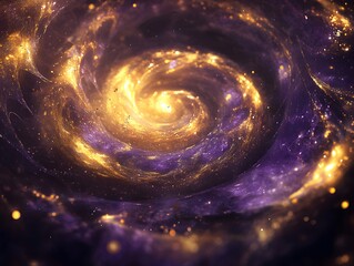 Mesmerizing abstract image featuring swirling golden particles in a spiral formation, evoking cosmic energy and dynamic motion against a dark background