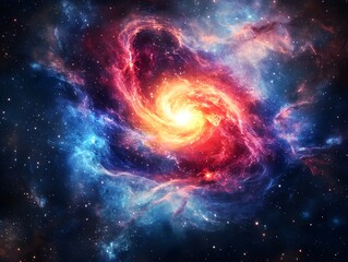 Fototapeta premium Mesmerizing abstract image featuring swirling golden particles in a spiral formation, evoking cosmic energy and dynamic motion against a dark background