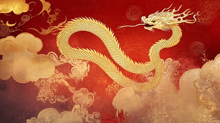 Fototapeta premium Golden dragon soaring amidst red clouds, intricate design.