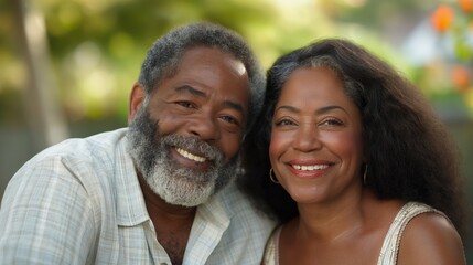 A joyful African-American couple smiles at each other in a vibrant garden, sharing a moment of love and happiness
