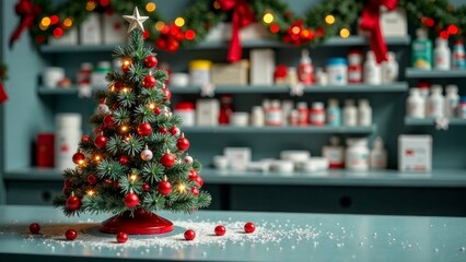 Christmas tree on the counter of a pharmacy decorated for Christmas, the number "2025" on the right, copy space, festive background
