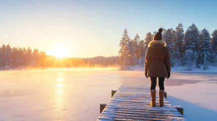 Fototapeta premium Winter Serenity at a Snow Covered Dock Overlooking a Frozen Lake
