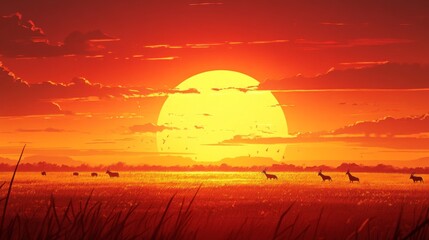 Obraz premium Sunset over Grassland with Silhouette of Gazelle Herd