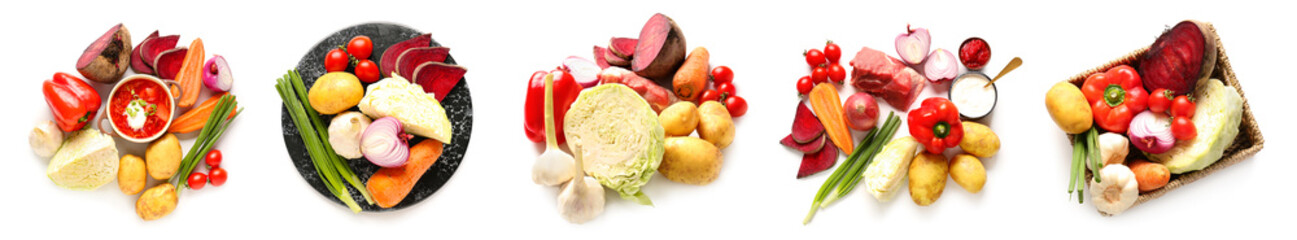 Set of ingredients for preparing tasty borscht on white background, top view