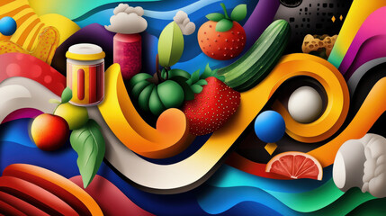 vibrant abstract composition featuring colorful fruits, vegetables, and swirling patterns, evoking playful and dynamic energy