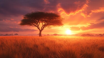 Fototapeta premium A lone tree stands silhouetted against a fiery sunset over an expansive grassy savanna.