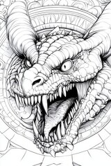 Fototapeta premium Intricate black and white illustration of a dragon's head with fierce features and detailed textures.