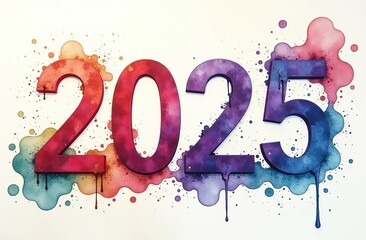 The number 2025 drawn with multi-colored watercolors on white paper, with multi-colored blots on the background