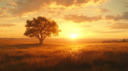 Fototapeta premium Solitary Tree Silhouetted Against a Vibrant Sunset Over a Field of Grass