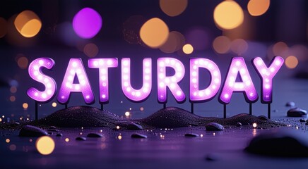 Purple letters with lights spelling saturday on a table